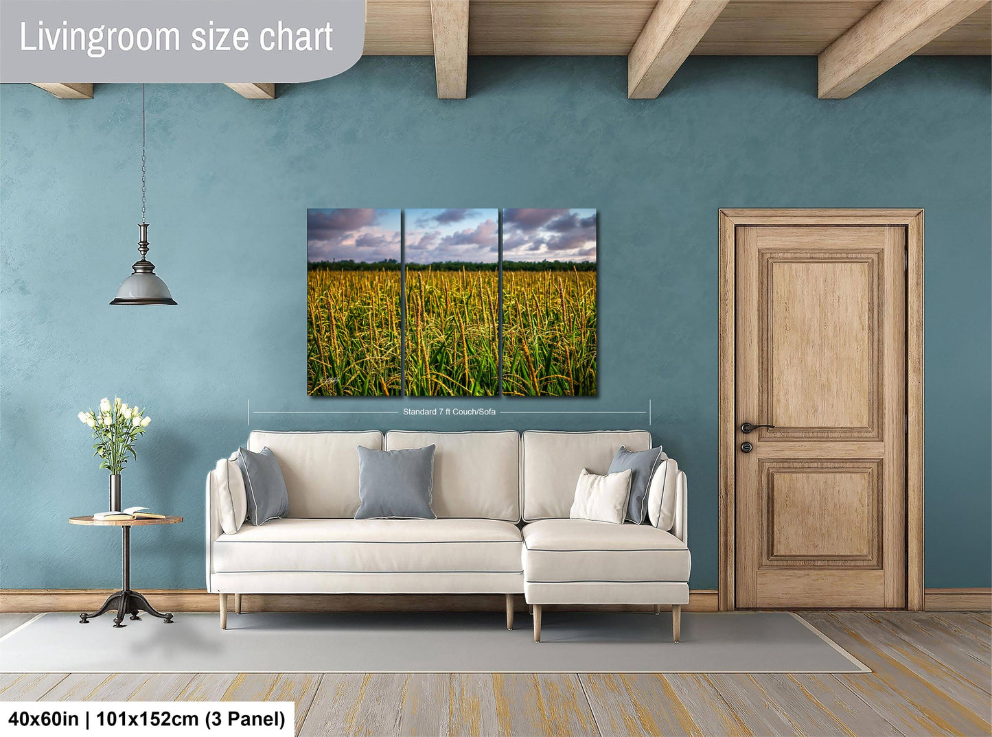 The image is a living room with a large living room size chart on the wall, a white sofa, a wooden door, and a vase of flowers on a small table.