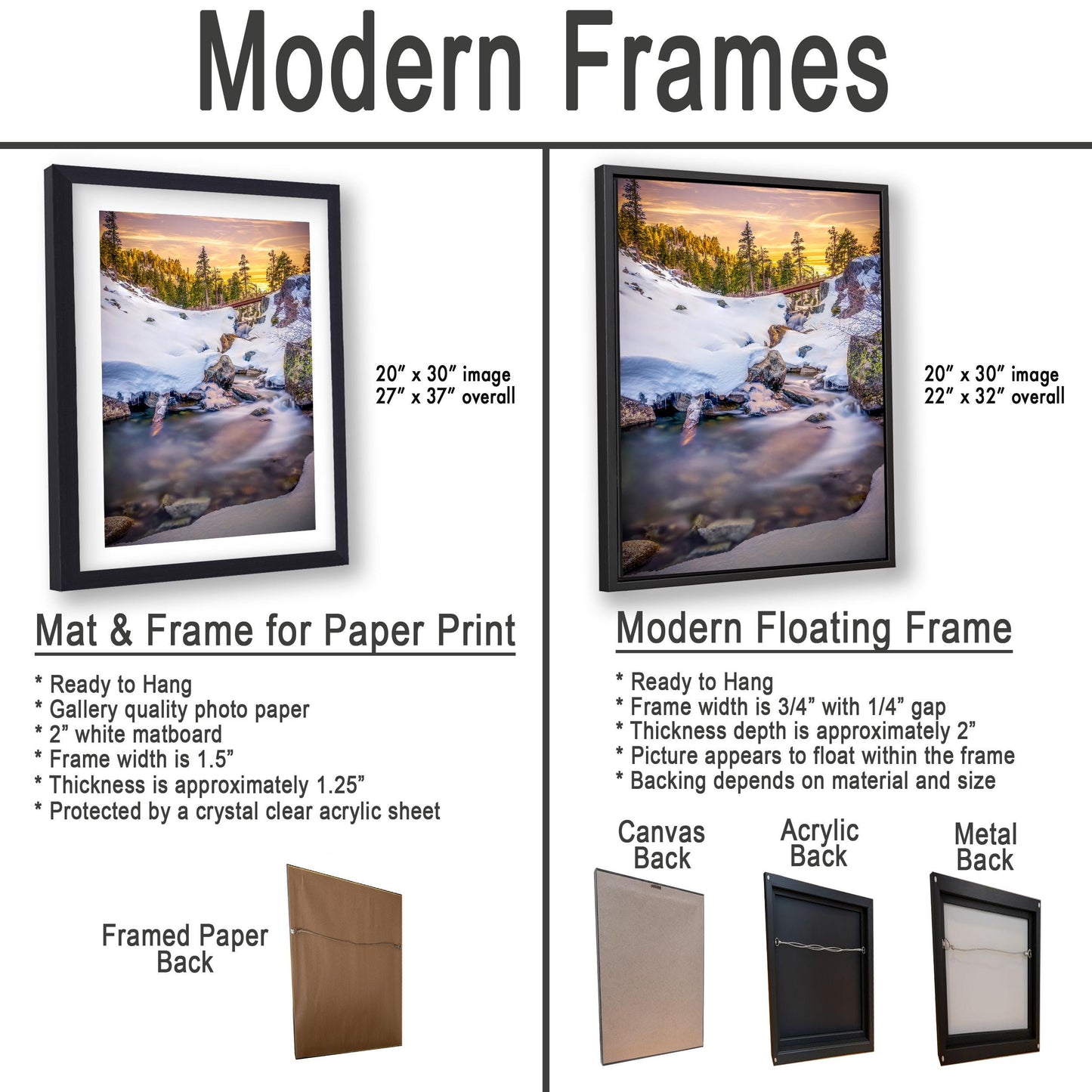 The image is a comparison of modern framed prints and modern floating frames for displaying artwork. It features two framed prints and two framed floating frames, each with different characteristics and designs.