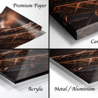 The image is a collage of four different views of a printed artwork, including a close-up of the artwork, a canvas wrap, an acrylic print, and a metal/aluminum print.