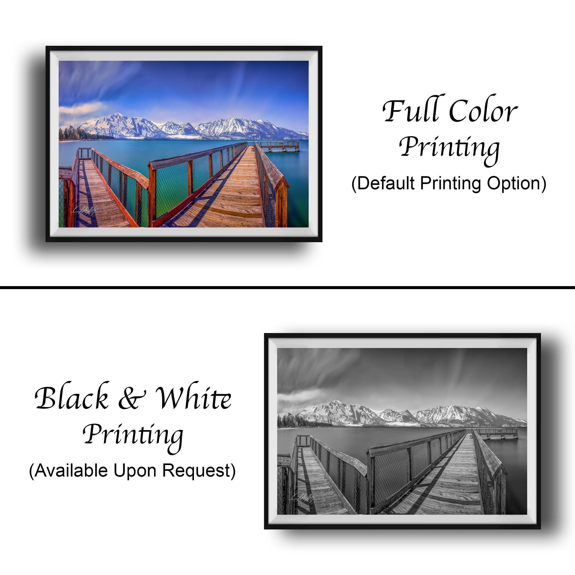 The image is a collage of two framed pictures. The top picture is a full color print of a wooden pier leading to a body of water with mountains in the background. The bottom picture is a black and white print of the same wooden pier and body of water.