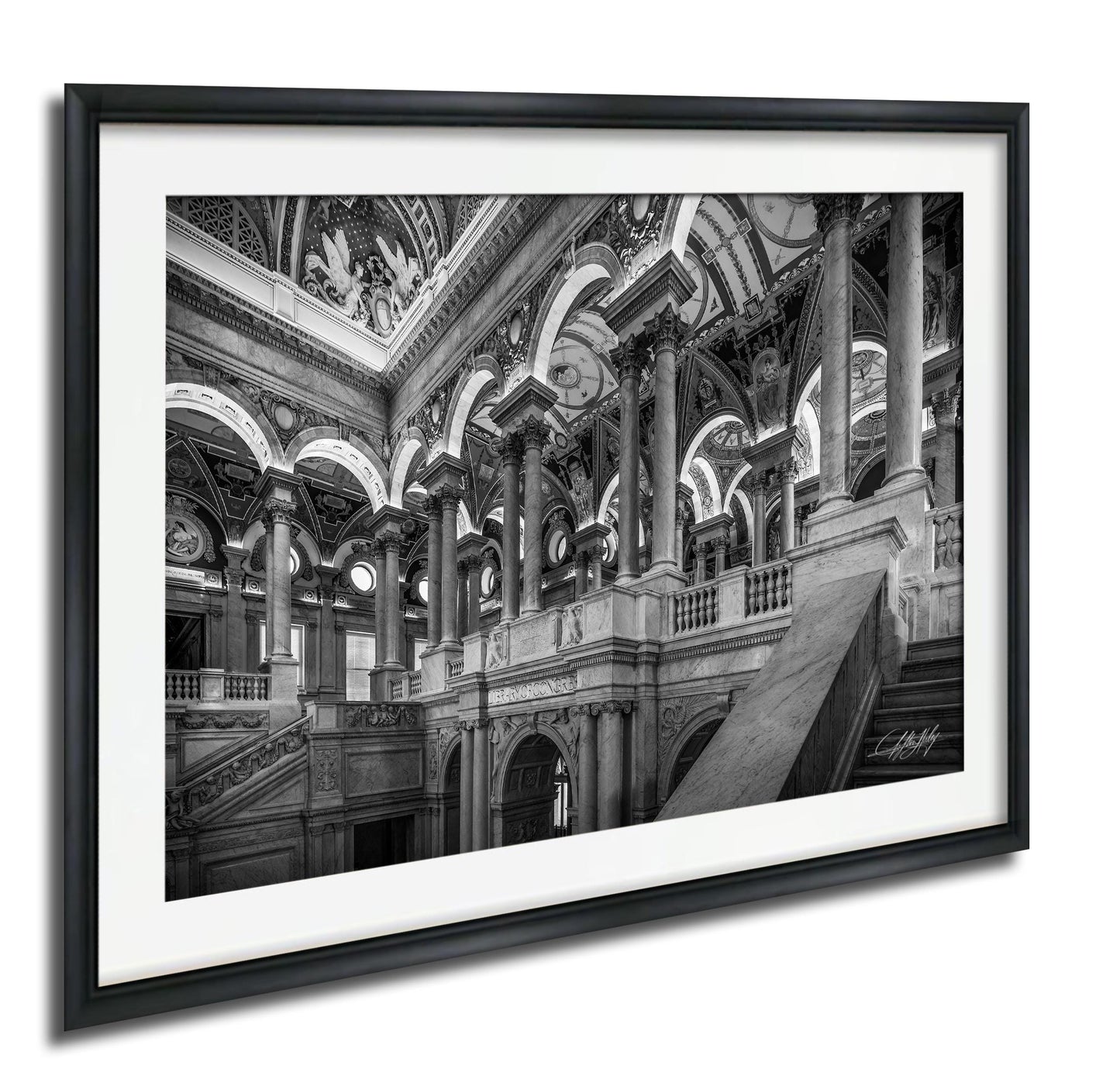 This luxury fine art photograph captures the grand interior architecture of the Library of Congress in Washington DC. Marble columns, ornate ceilings, and classical symmetry create a refined composition rooted in American national history and cultural legacy. Ideal for collectors, professionals, and interior designers seeking museum-quality wall art that embodies intellect, heritage, and timeless elegance.