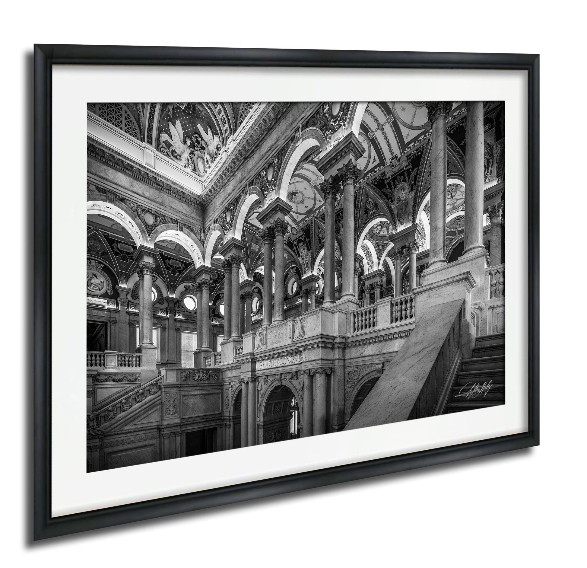 This luxury fine art photograph captures the grand interior architecture of the Library of Congress in Washington DC. Marble columns, ornate ceilings, and classical symmetry create a refined composition rooted in American national history and cultural legacy. Ideal for collectors, professionals, and interior designers seeking museum-quality wall art that embodies intellect, heritage, and timeless elegance.