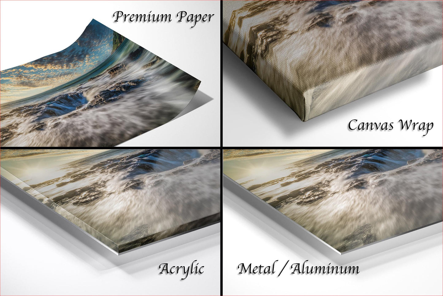 The image is a collage of four different types of printed materials, including premium paper, canvas wrap, acrylic, and metal/aluminum.