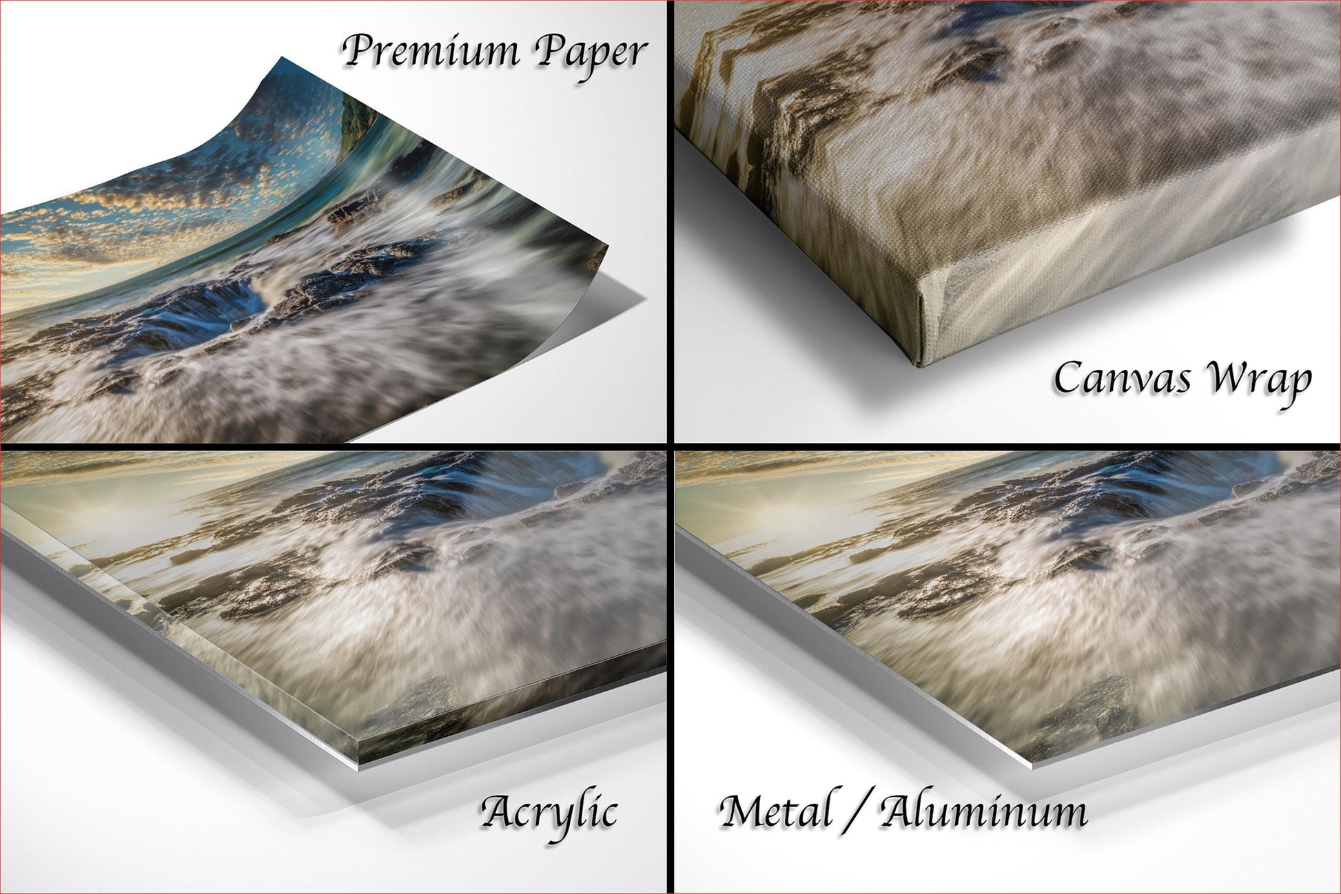 The image is a collage of four different types of printed materials, including premium paper, canvas wrap, acrylic, and metal/aluminum.