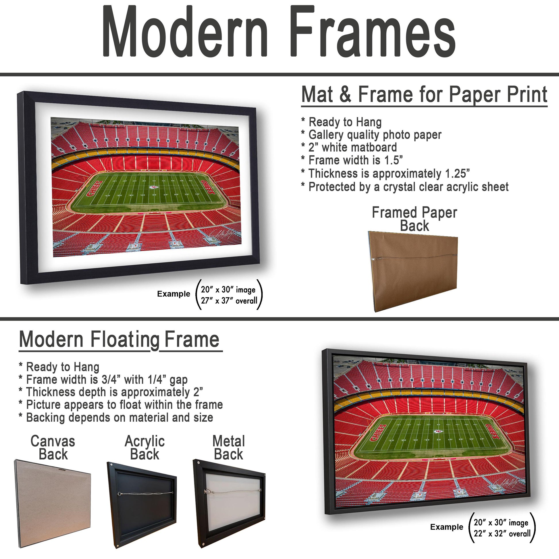 The image is a collage of three framed pictures, each depicting a different scene. The first picture shows a stadium with a football field, the second picture features a baseball field, and the third picture depicts a cityscape. The frames are designed to hang on walls and are available in various materials and sizes.