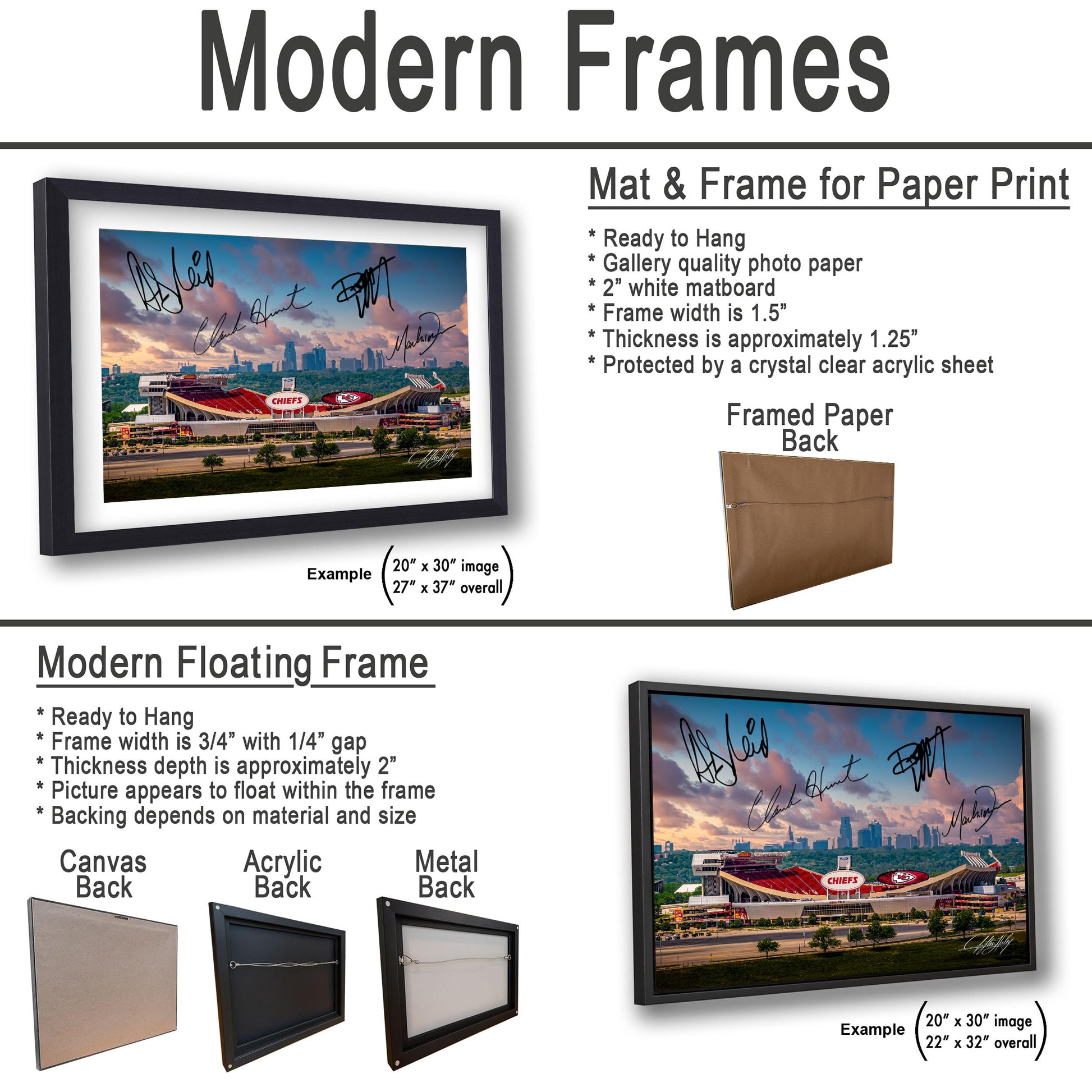 The image is a collage of two framed pictures, one of a stadium and the other of a city skyline, both featuring signatures on the back. The collage is labeled as "Modern Frames" and includes various frame options such as mat and frame for paper print, modern floating frame, and acryclic and metal back.