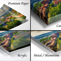 The image is a collage of four different views of a cityscape, each with a different type of paper or material used to print the image.