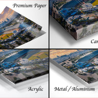 The image is a collage of four different views of a baseball stadium, each with a distinct perspective and angle. The collage includes a close-up view of the stadium, a wide-angle view of the stadium and surrounding cityscape, a side view of the stadium, and a top-down view of the stadium and cityscape. The collage is labeled as "Premium Paper", "Canvas Wrap", "Acrylic", and "Metal/Aluminum" to describe the materials used in the artwork.