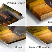 The image is a collage of four different views of a group of elephants in a natural setting, with the text "Premium Paper", "Canvas Wrap", "Acrylic", and "Metal/Aluminum" indicating the materials used to print the images.