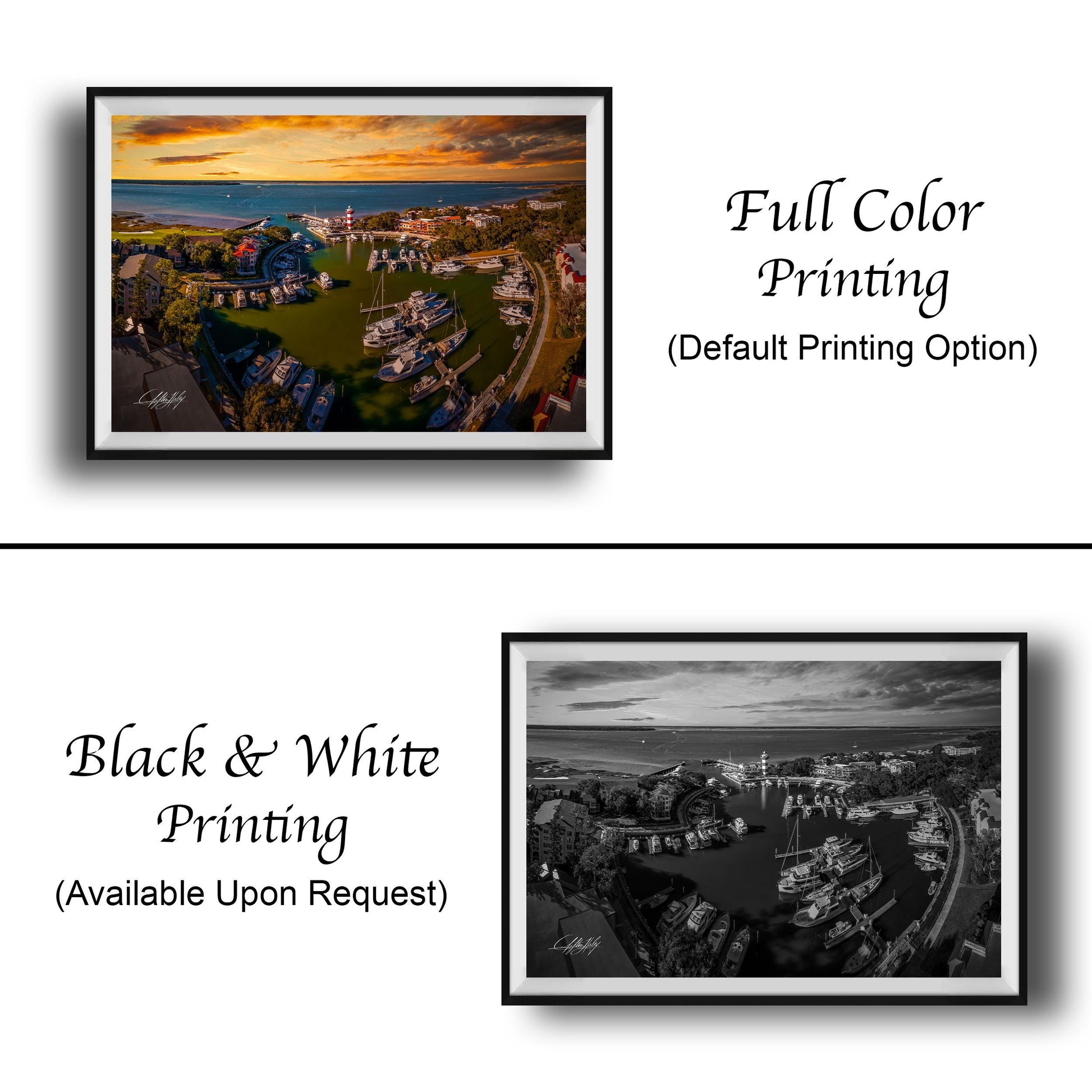 The image is a collage of two framed pictures. The top picture is a full color print of a cityscape with boats, while the bottom picture is a black and white print of the same cityscape. Both pictures are framed and available upon request.