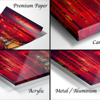 The image is a collage of four different views of a red and gold patterned surface, including a close-up of the surface, a printed page, a canvas wrap, and a reflective surface.