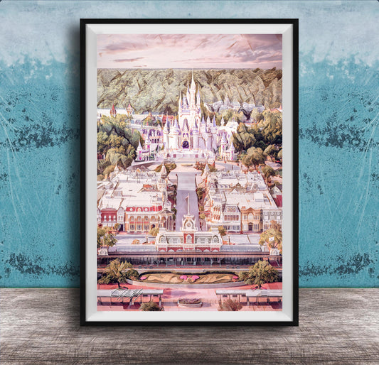 A framed illustration of a fantastical, castle-like structure surrounded by a lush, colorful landscape.