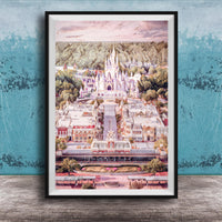 A framed illustration of a fantastical, castle-like structure surrounded by a lush, colorful landscape.