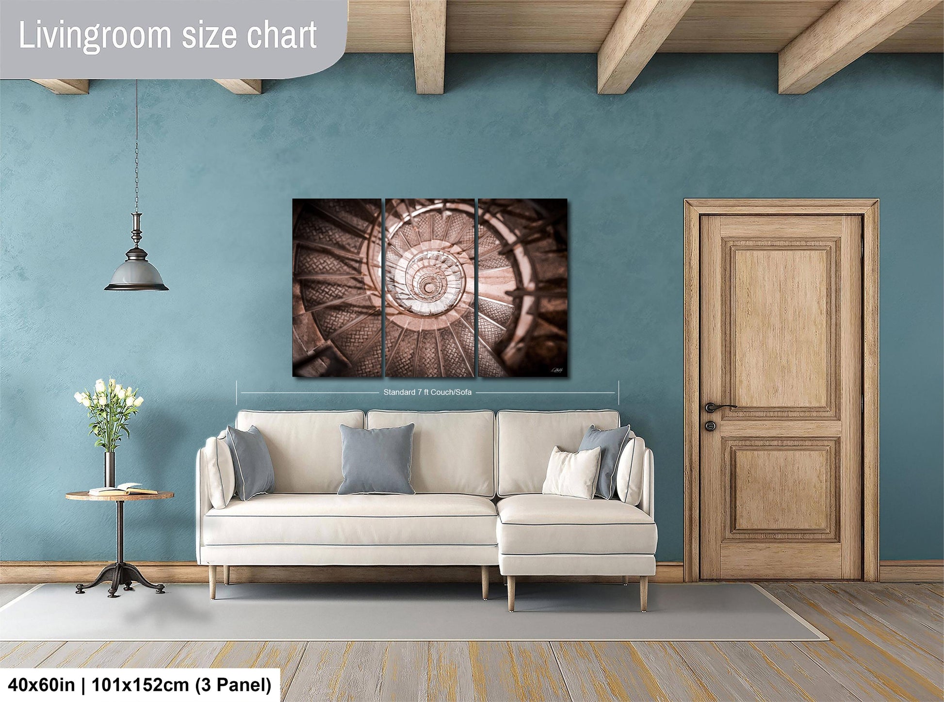 a living room with a white sofa, a wooden door, and a spiral staircase. The living room has a blue wall and a wooden floor.