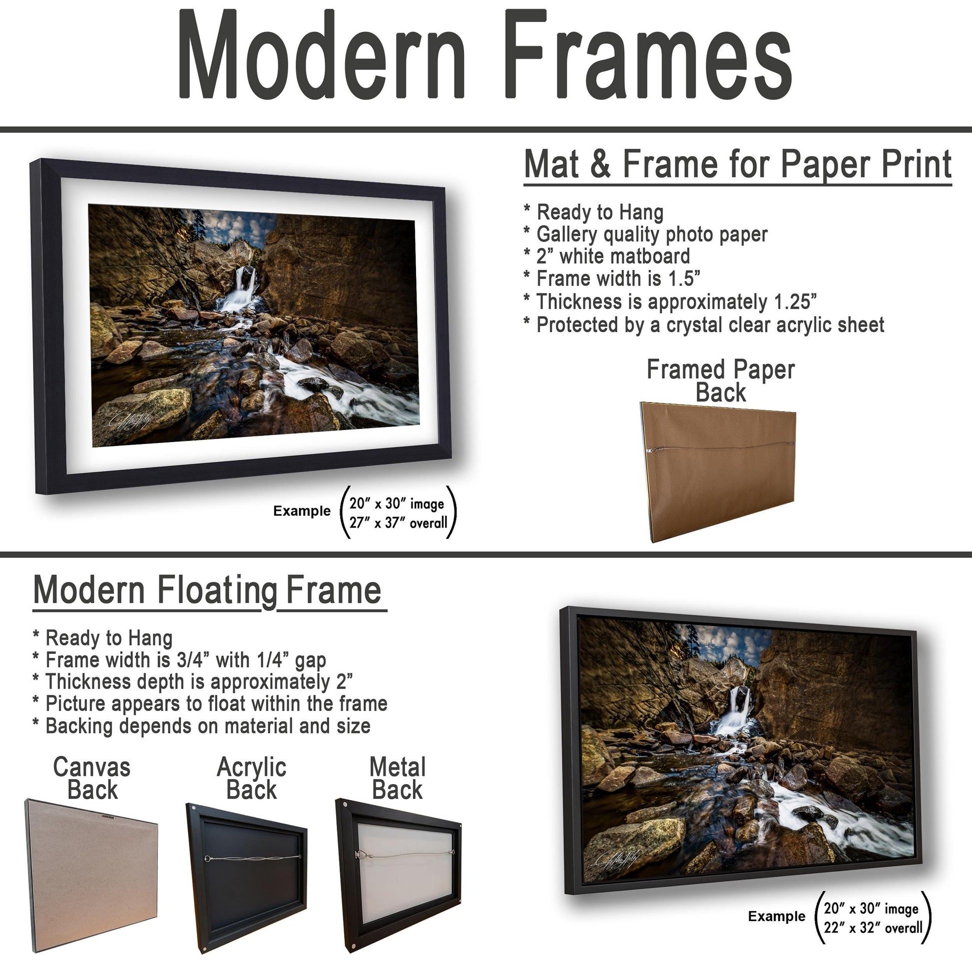 The image is a comparison of modern frames and floating frames for displaying artwork. It includes two examples of framed artwork, one with a mat and frame and the other with a modern floating frame. The text provides details about the mat and frame for paper print, as well as the mat and frame for a paper back, and the differences between the two types of frames.