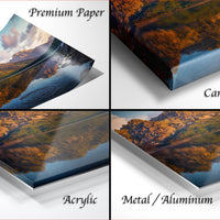 The image is a collage of four different views of a landscape, including a premium paper print, a canvas wrap, an acrylic print, and a metal/aluminum print.