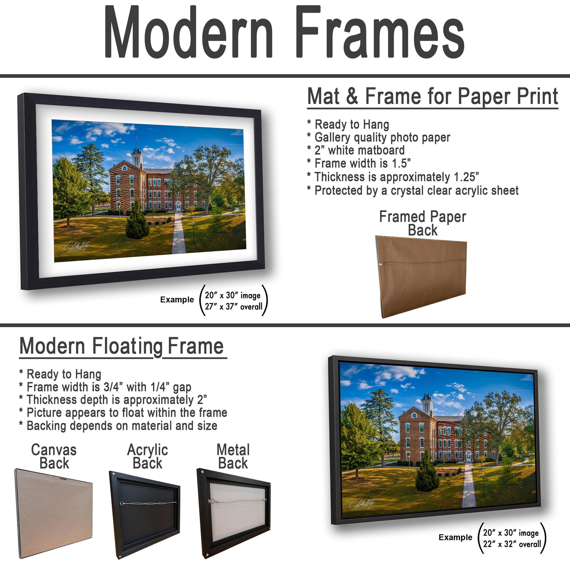 The image is a collage of two framed pictures, one of a building and one of a tree, both featuring a modern design. The collage includes a mat and frame for a paper print, a mat and frame for a floating frame, and a mat and frame for a printed back. The images are described in terms of their material and size, with examples of 20x30 inches and 22x32 inches.