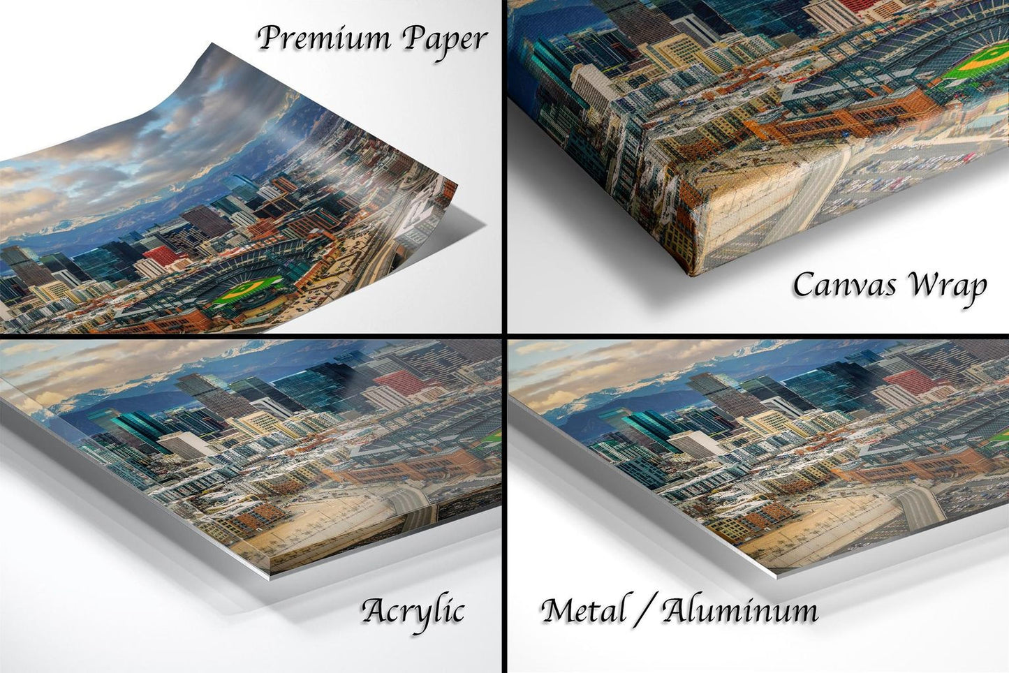 The image is a collage of four different views of a cityscape, each with a distinct texture and finish. The top left image is a "Premium Paper" print, the top right image is a "Canvas Wrap" print, the bottom left image is an "Acrylic" print, and the bottom right image is a "Metal/Aluminum" print.