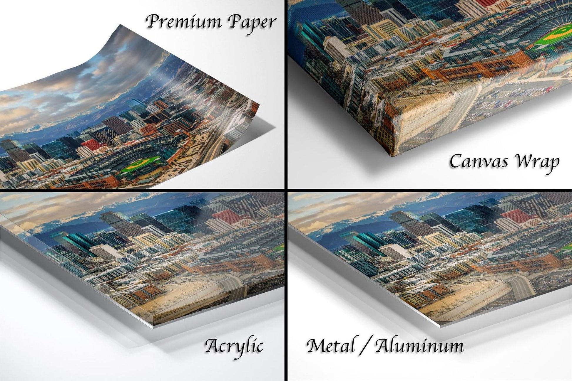 The image is a collage of four different views of a cityscape, each with a distinct texture and finish. The top left image is a "Premium Paper" print, the top right image is a "Canvas Wrap" print, the bottom left image is an "Acrylic" print, and the bottom right image is a "Metal/Aluminum" print.