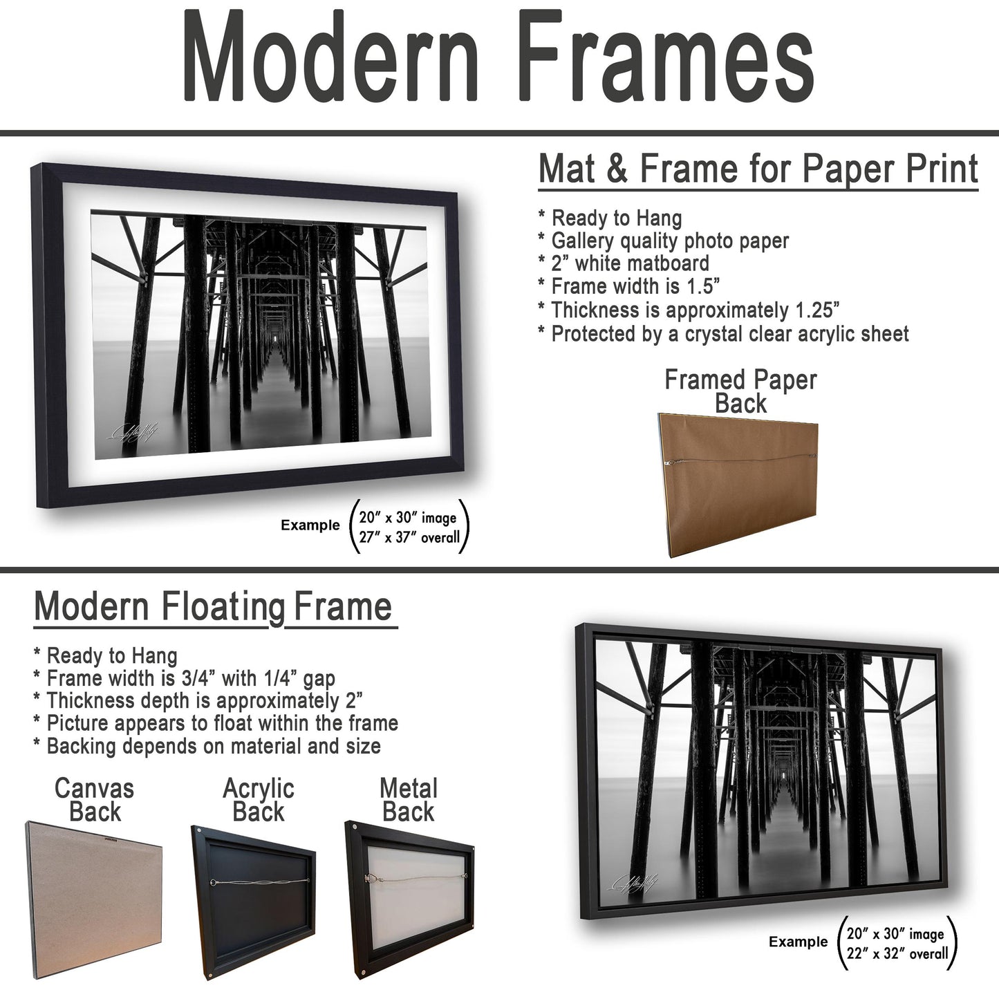 The image is a collage of two framed artworks, one of which is a mat and frame for paper print and the other is a modern floating frame.