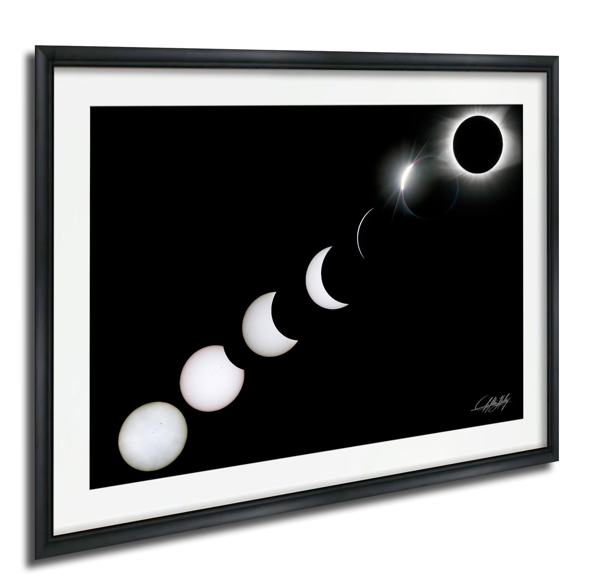 A framed image depicting the progression of a solar eclipse, showing the moon transitioning from a crescent to a full moon, with the sun partially obscured by the moon.