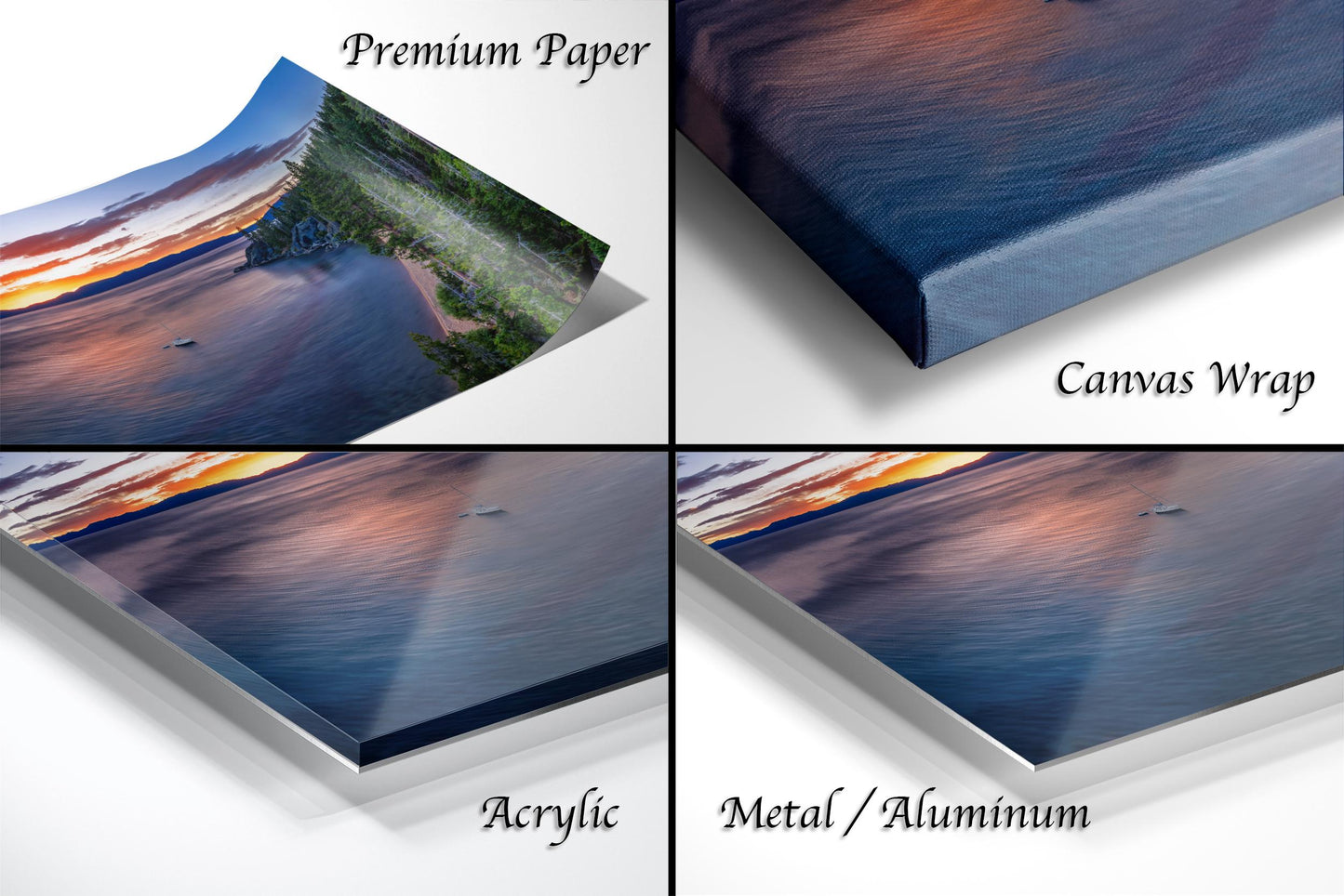 The image is a collage of four different views of a sunset over a body of water, each captured in a different medium: premium paper, canvas wrap, acrylic, and metal/aluminum.