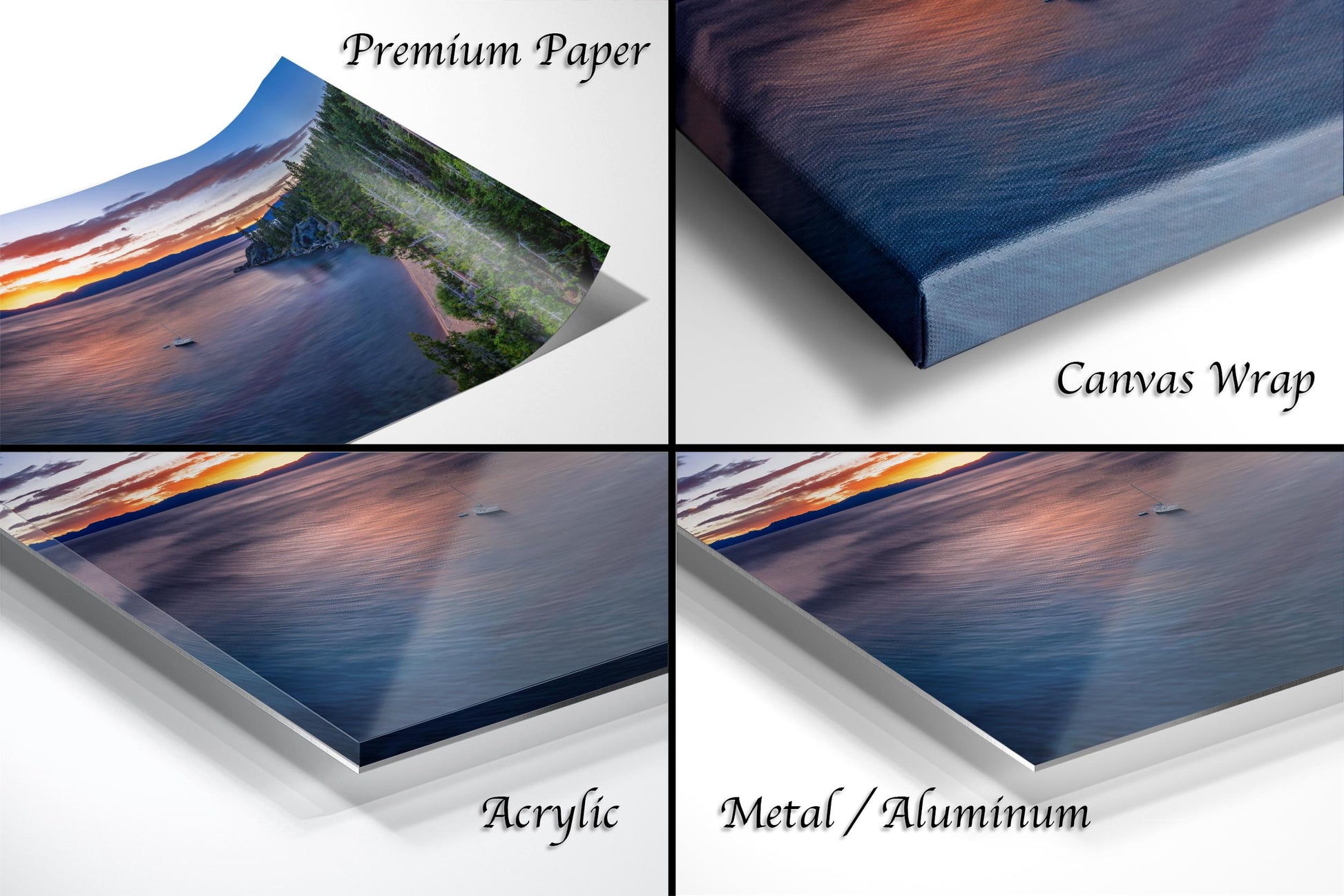 The image is a collage of four different views of a sunset over a body of water, each captured in a different medium: premium paper, canvas wrap, acrylic, and metal/aluminum.