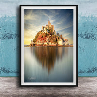 Mont Saint-Michel Poster - Normandy Coastal Art | Sunrise Fog & Stormy Sky Print