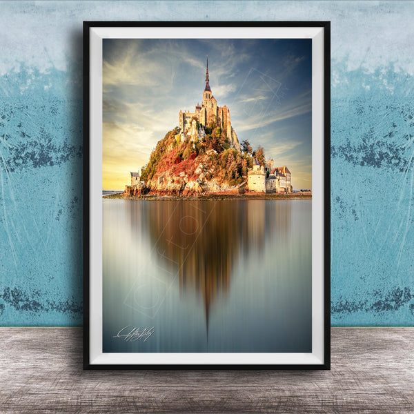 Mont Saint-Michel Poster - Normandy Coastal Art | Sunrise Fog & Stormy Sky Print