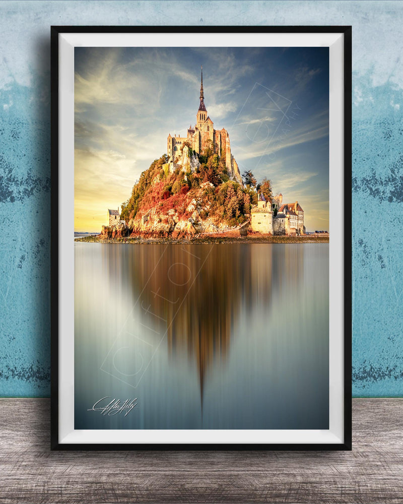 Mont Saint-Michel Poster - Normandy Coastal Art | Sunrise Fog & Stormy Sky Print