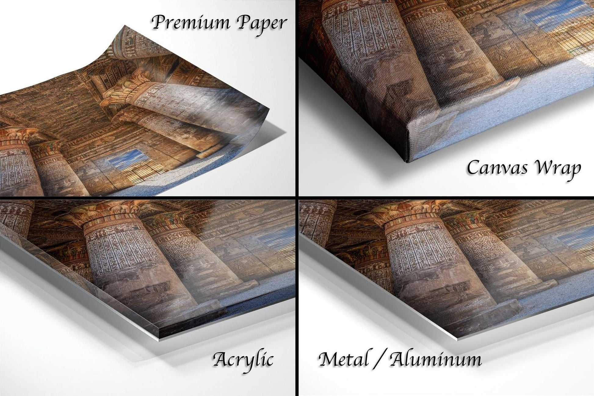The image is a collage of four different views of an ancient architectural structure, such as a temple or monument, with the text "Premium Paper", "Canvas Wrap", "Acrylic", and "Metal/Aluminum" indicating the materials used for the print.