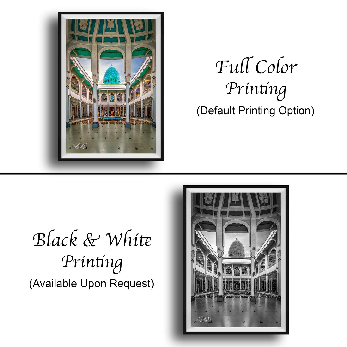 The image is a collage of two framed pictures. The left frame shows a full color image of a building with a green dome, while the right frame is a black and white image of the same building. The text below the images indicates that the full color printing is available upon request, and the black and white version is also available.