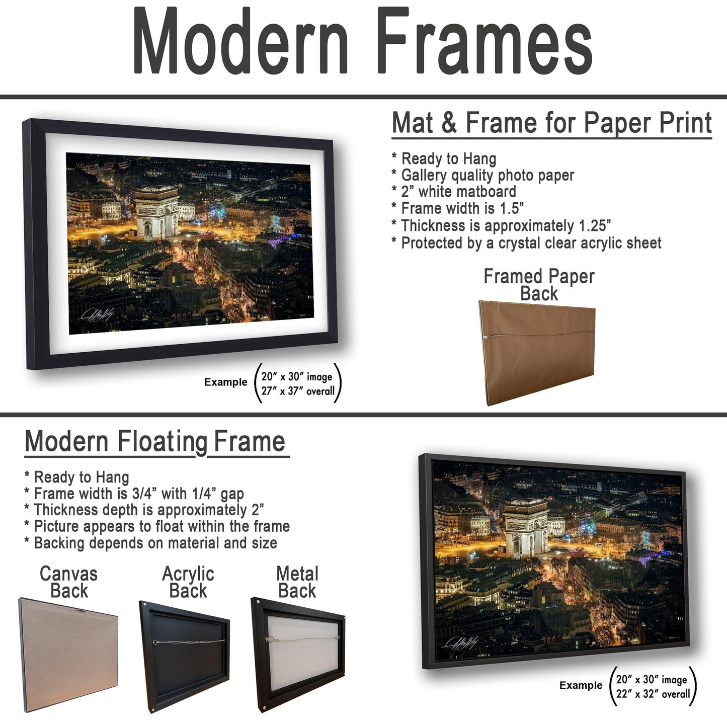 The image is a collage of two framed artworks, one of which is a modern floating frame and the other is a mat and frame for paper print.