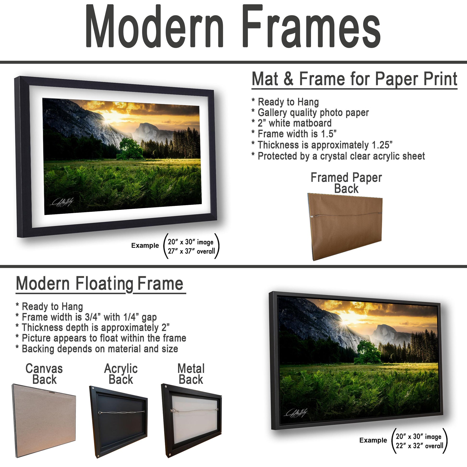The image is a collage of three framed pictures, each with different frame types and backings. The first frame is a mat and frame for a paper print, the second frame is a modern floating frame, and the third frame is a mat and frame for a paper print.