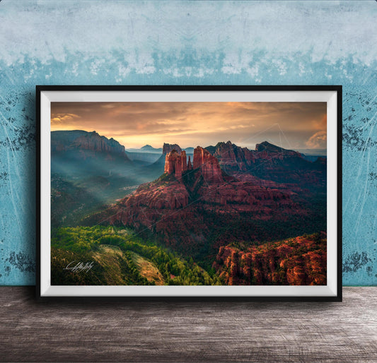 cathedral rock sedona, sedona sunrise photography, lovers knoll sedona, red rock landscape art, sedona fine art print, arizona wall decor, southwest photography, spiritual landscape art, nature wall art, sedona vortex photo, luxury fine art print, desert sunrise art, collectible landscape photo