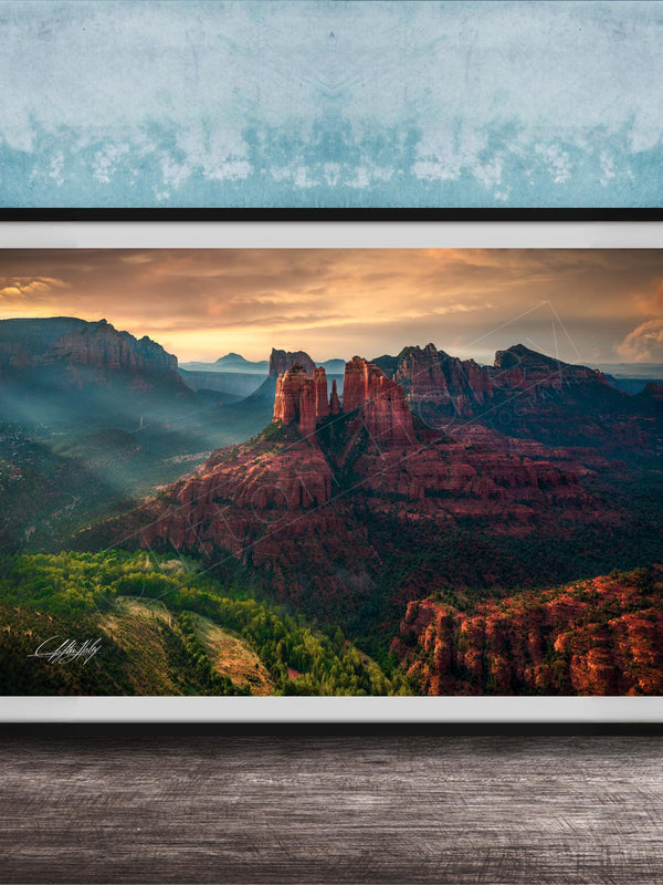 cathedral rock sedona, sedona sunrise photography, lovers knoll sedona, red rock landscape art, sedona fine art print, arizona wall decor, southwest photography, spiritual landscape art, nature wall art, sedona vortex photo, luxury fine art print, desert sunrise art, collectible landscape photo