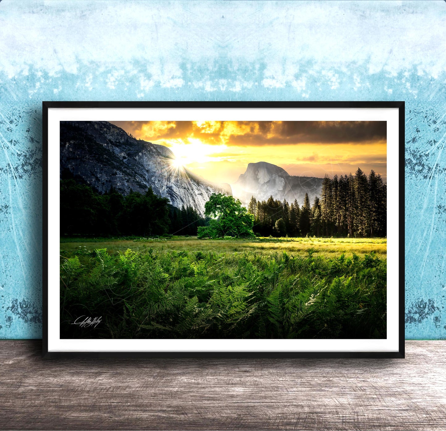 The image is a framed landscape photograph depicting a serene mountain scene with a lush green field, a tree, and a majestic mountain range in the background.