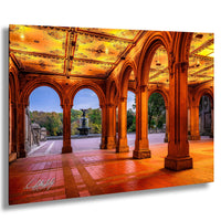 a grand, ornate building with arched doorways and columns, illuminated by warm lighting. The building is surrounded by lush greenery, creating a serene and picturesque setting.