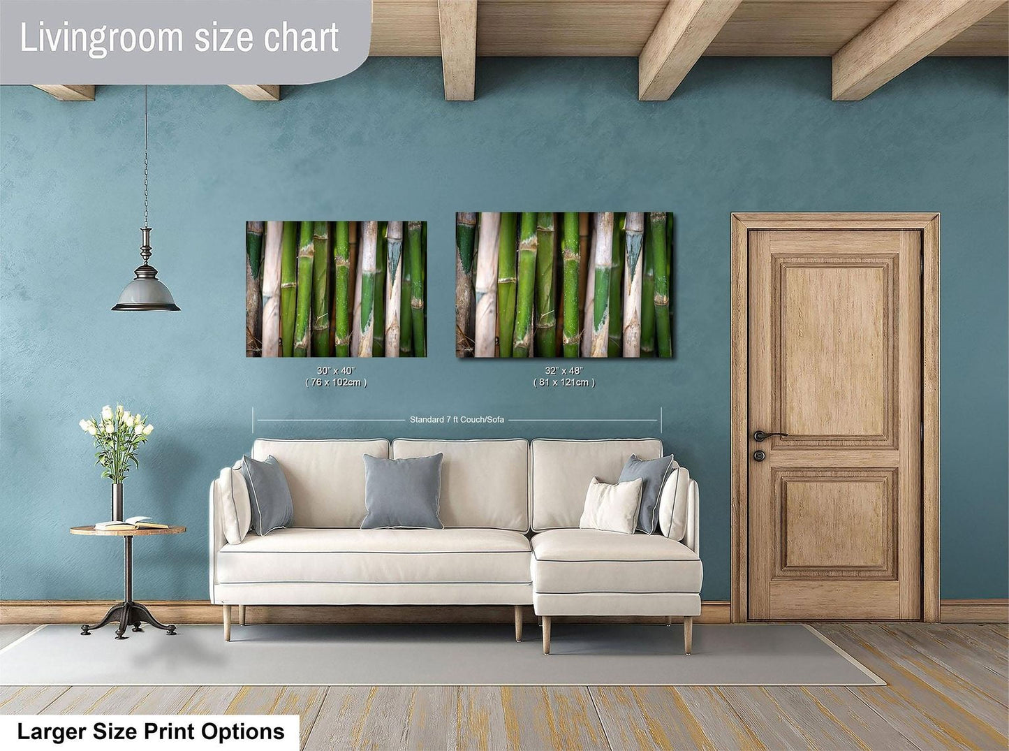 a living room with a white sofa, a wooden door, and a painting of bamboo on the wall. The living room appears to be modern and well-decorated.