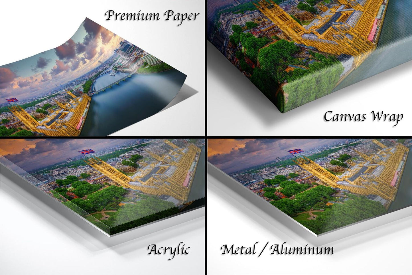The image is a collage of four different views of a cityscape, including a premium paper, a canvas wrap, an acrylic, and a metal/aluminum.