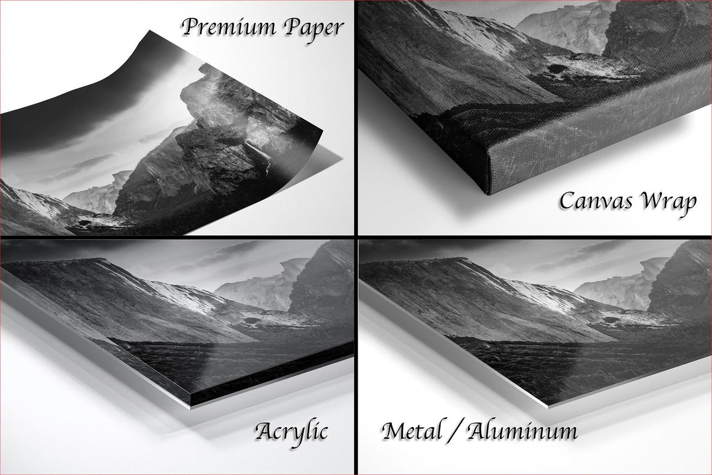The image is a collage of four different pictures, each depicting a mountainous landscape. The images are labeled as "Premium Paper", "Canvas Wrap", "Acrylic", and "Metal/Aluminum".
