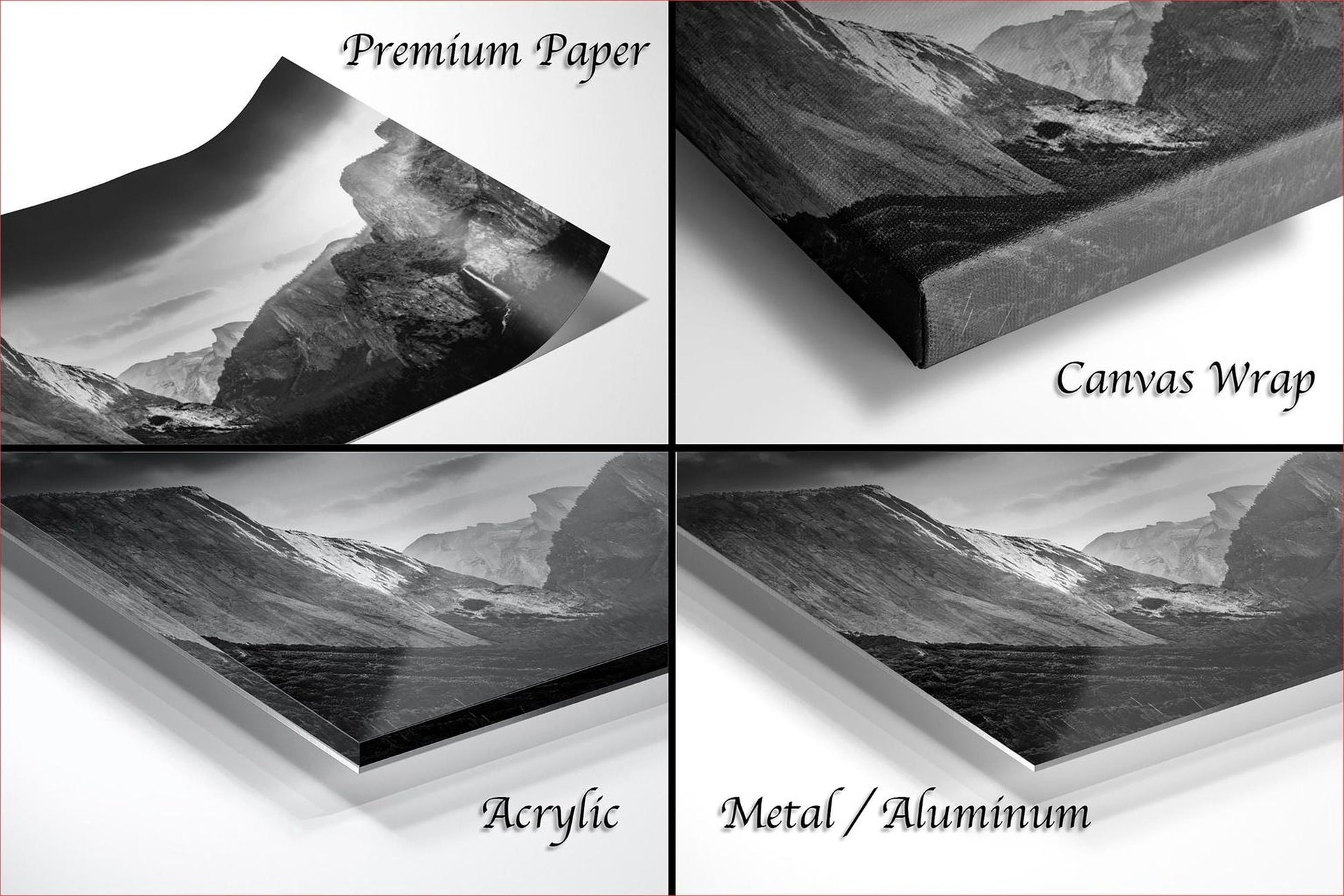 The image is a collage of four different pictures, each depicting a mountainous landscape. The images are labeled as "Premium Paper", "Canvas Wrap", "Acrylic", and "Metal/Aluminum".