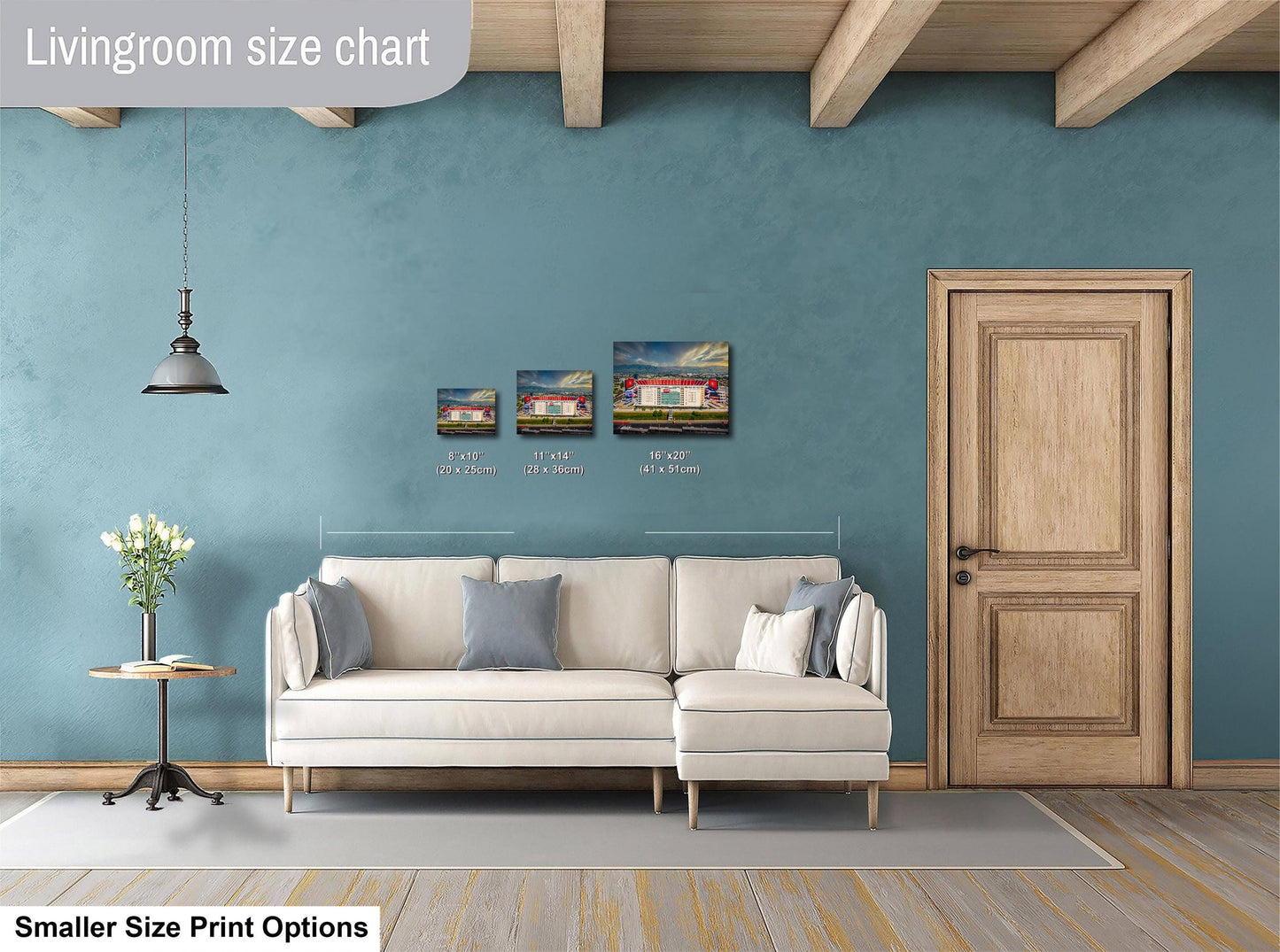 a living room with a white sofa, a wooden door, and a hanging light fixture. There are three framed paintings on the wall, each depicting a different scene. The living room appears to be designed for a smaller space, as indicated by the size chart provided.