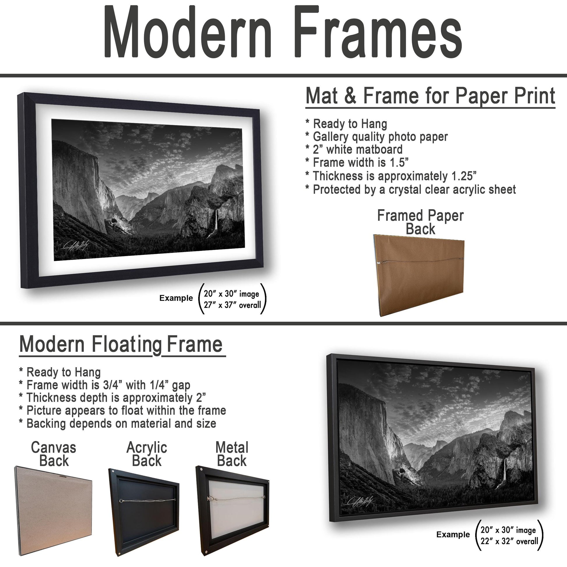 The image is a collage of various framed artworks, including a mat and frame for a paper print, a modern floating frame, and a framed paper back.
