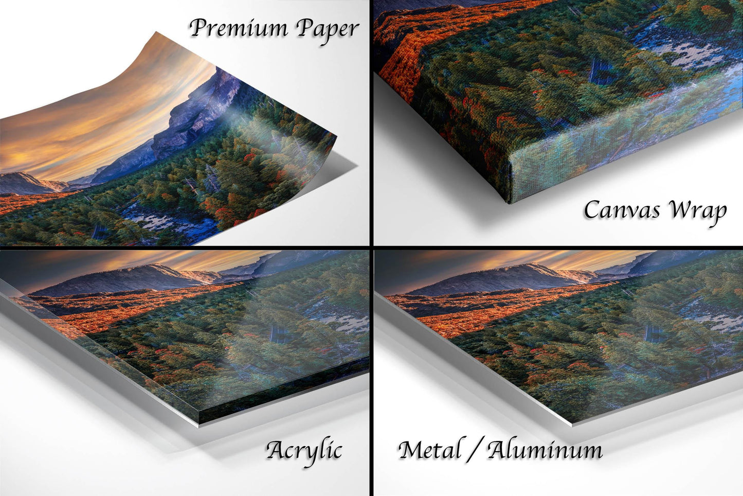 The image is a collage of four different images, each depicting a landscape scene. The images are labeled as "Premium Paper", "Canvas Wrap", "Acrylic", and "Metal/Aluminum".