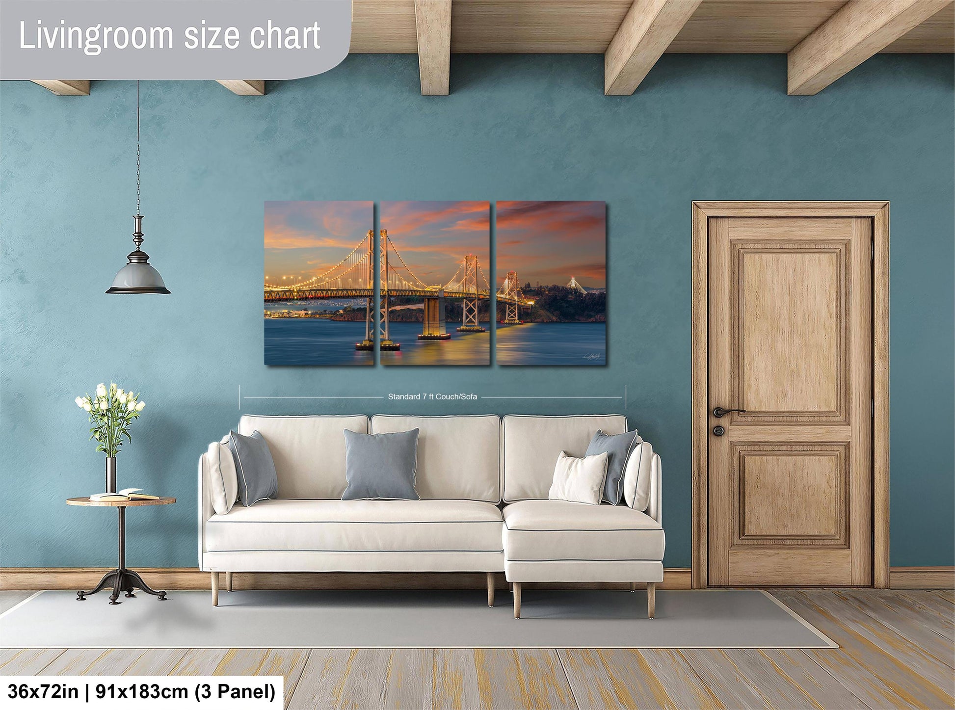 The image is a living room with a large, three-panel living room size chart on the wall. The chart displays the dimensions of the living room in both square feet and square meters. The living room is furnished with a white sofa and a wooden door, and there is a vase of flowers on a table nearby.