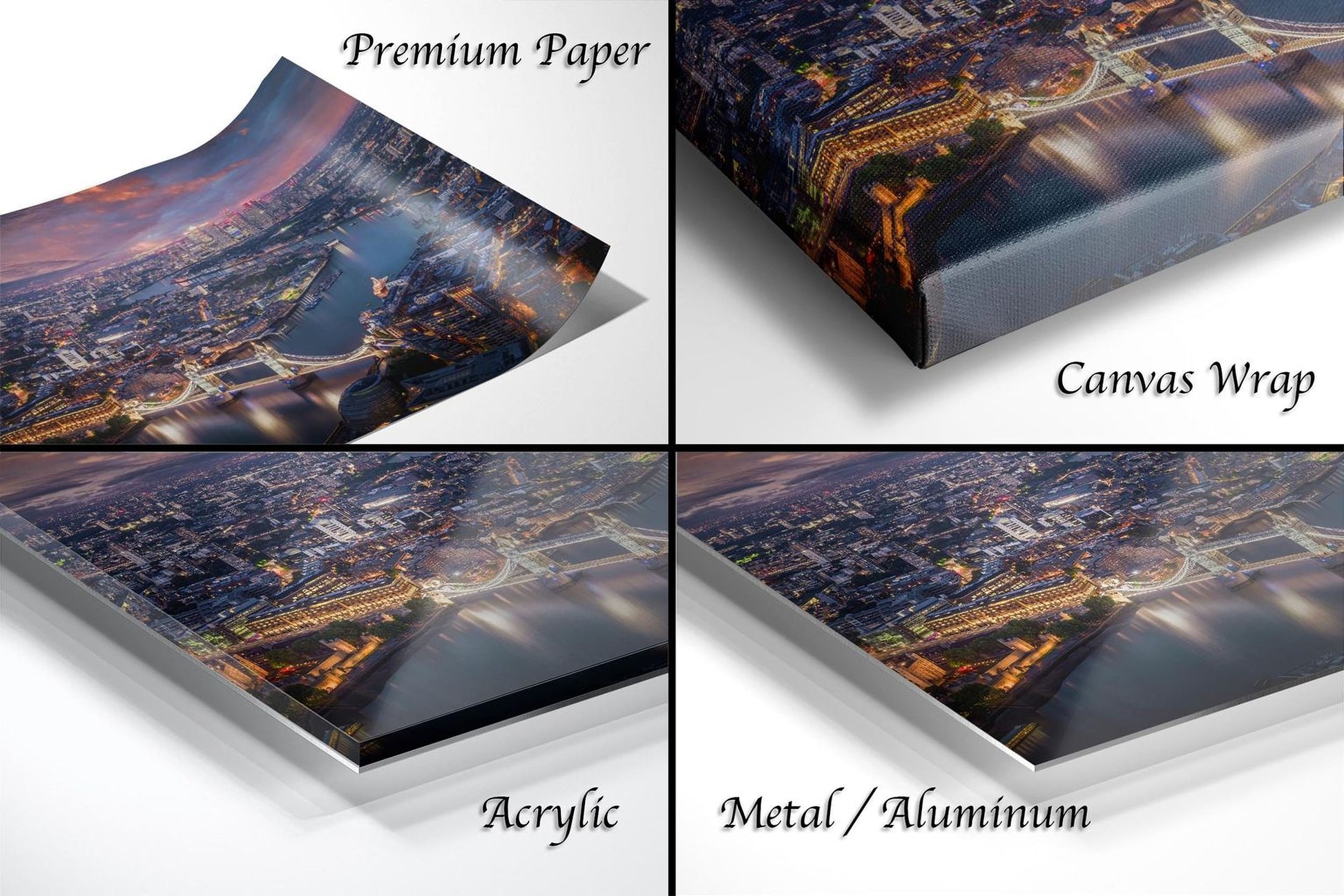 The image is a collage of four different views of a cityscape at night, showcasing the city's skyline and surrounding areas.