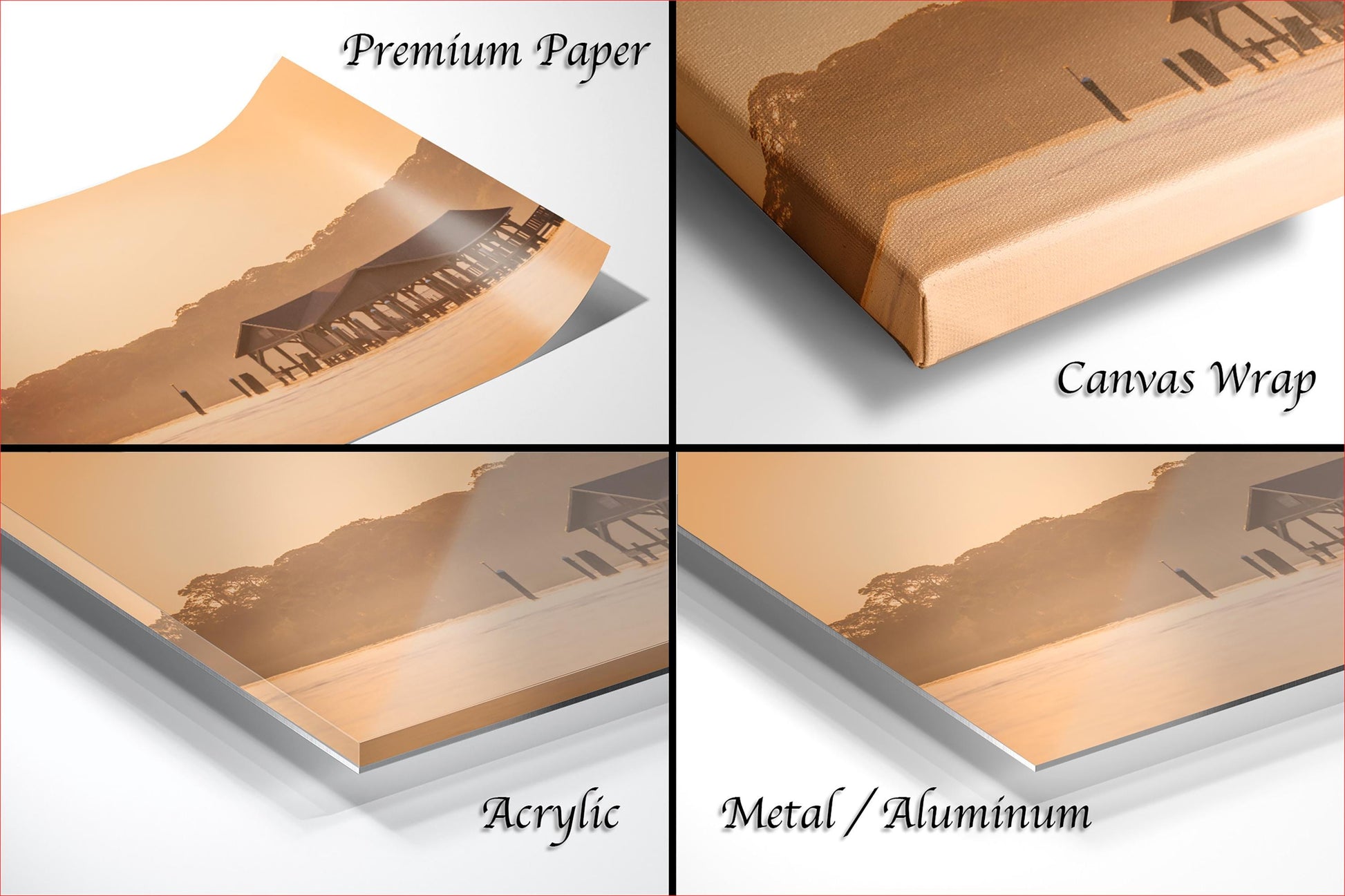 The image is a collage of four different images, each depicting a beach scene. The images are labeled as "Premium Paper", "Canvas Wrap", "Acrylic", and "Metal/Aluminum".