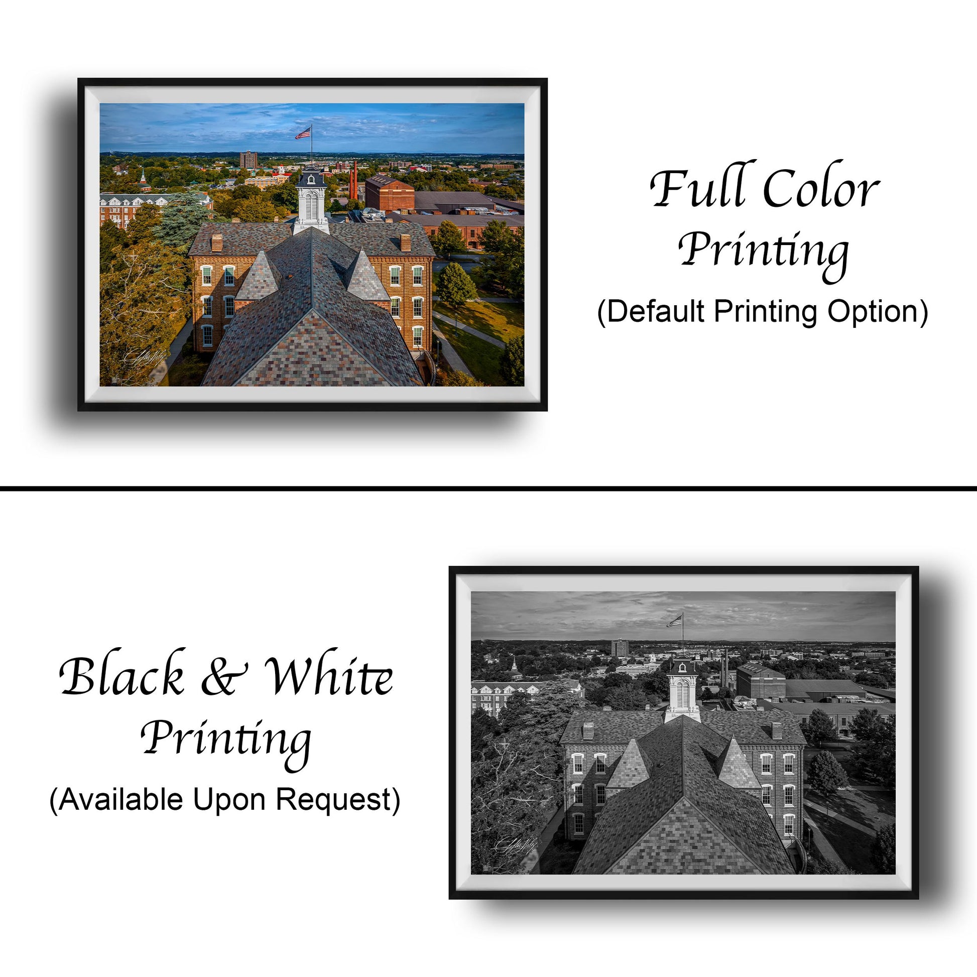 The image is a collage of two framed pictures. The left frame shows a full color image of a cityscape, while the right frame is a black and white version of the same cityscape. The text below the images indicates that the full color printing is available upon request.