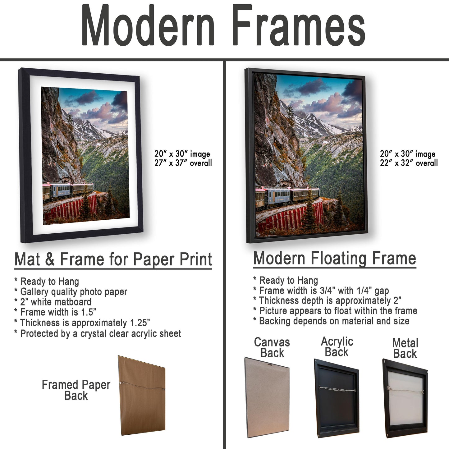 The image is a comparison of modern framed prints and modern floating frames for displaying artwork. It features two framed prints and two framed floating frames, each with different characteristics and designs.